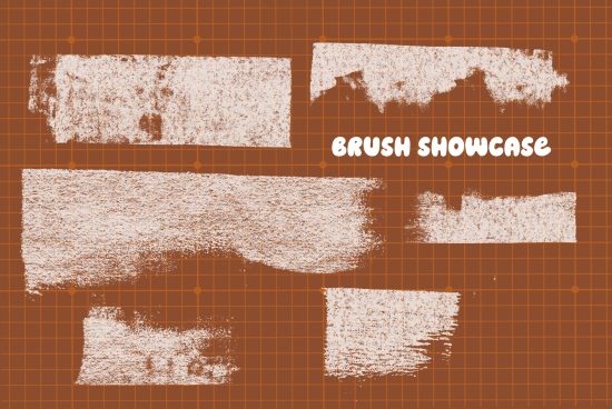 Grungy brush strokes set on brown grid background for texture effect design, ideal for designers, graphics showcase.